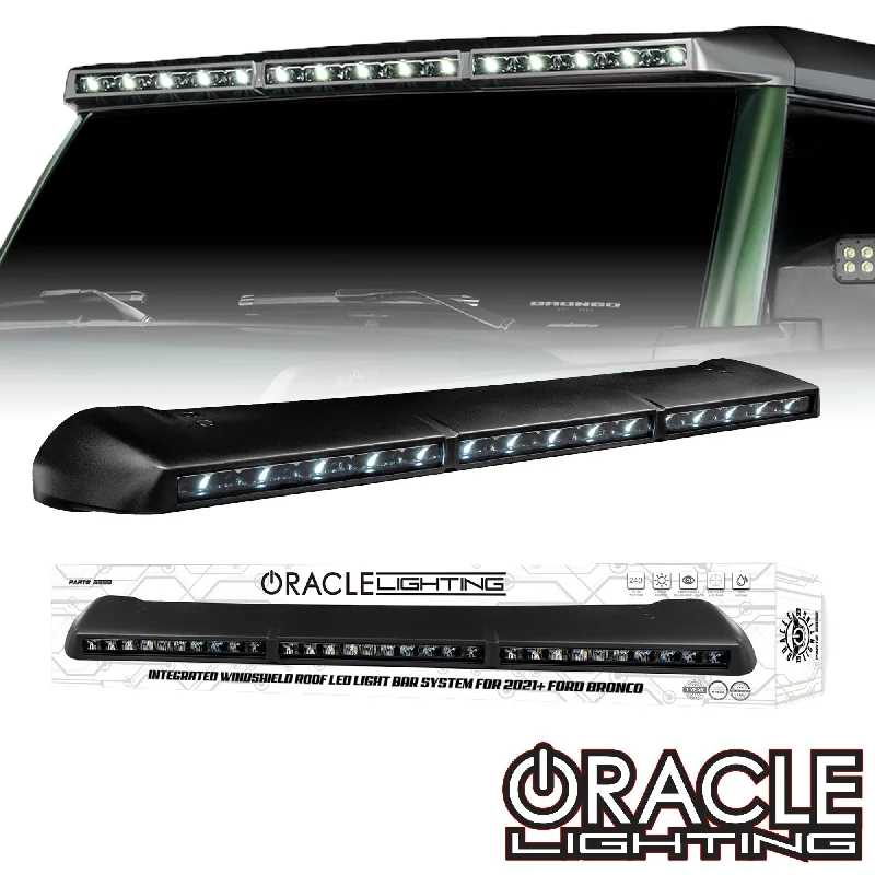 Track lighting with swivel heads for precise aimingORACLE Lighting Integrated Windshield Roof LED Light Bar System for 2021+ Ford Bronco Track lighting with swivel heads for precise aimingORACLE Lighting Integrated Windshield Roof LED Light Bar System for 2021+ Ford Bronco