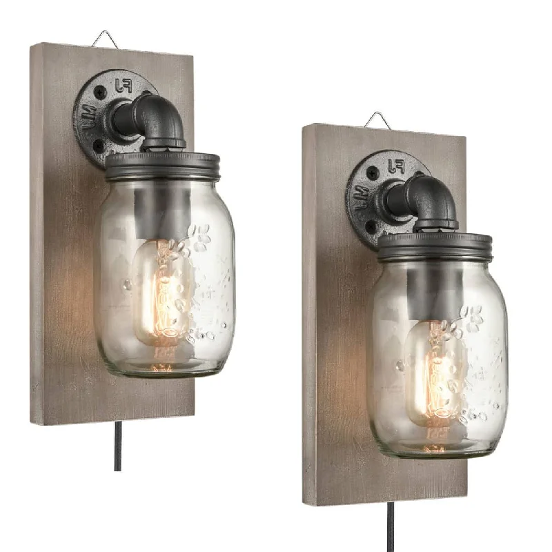 Industrial Lighting for Electronics ManufacturingRustic Plug-in Mason Jar Bedroom Wall Sconce Wood Plate 2-Pack