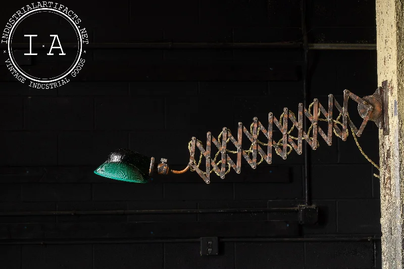 Industrial Pendant Lighting for Machine ShopsEarly 20th Century Japanned Scissor Arm Lamp With Glass Shade Industrial Pendant Lighting for Machine ShopsEarly 20th Century Japanned Scissor Arm Lamp With Glass Shade