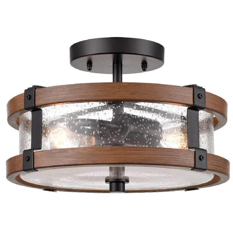 Industrial Lighting for Woodworking Factories2-Light Farmhouse Wood Grain Paint with Black Metal Semi Flush Mount Ceiling Light with Seeded Glass Industrial Lighting for Woodworking Factories2-Light Farmhouse Wood Grain Paint with Black Metal Semi Flush Mount Ceiling Light with Seeded Glass