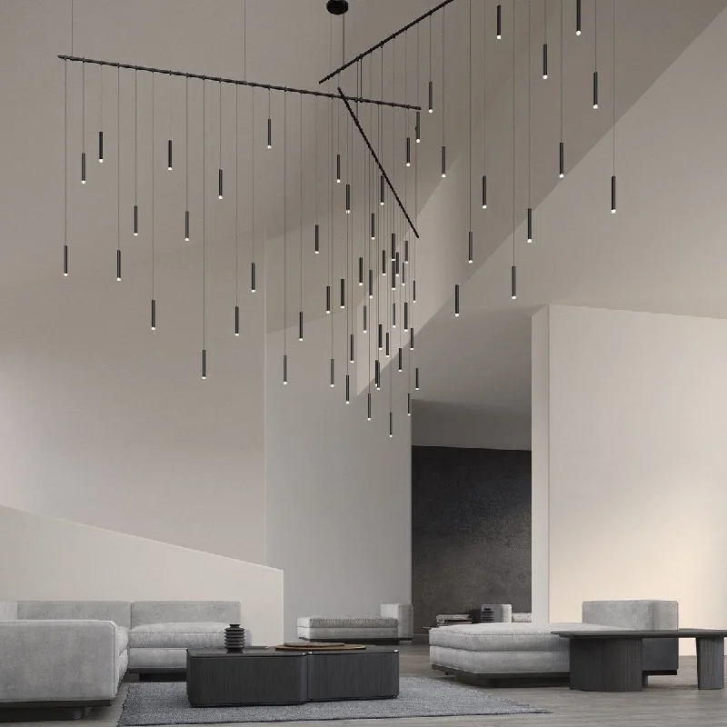 Industrial - style track lighting for loftsSuspenders 13' Freeform Tri-Bar with Monoline Thin Cylinder Luminaires Industrial - style track lighting for loftsSuspenders 13' Freeform Tri-Bar with Monoline Thin Cylinder Luminaires