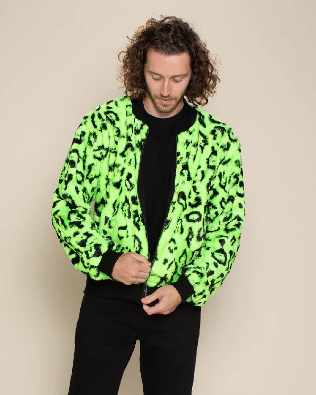 Neon Green Leopard Ultra Soft Faux Fur Bomber Jacket | Men's