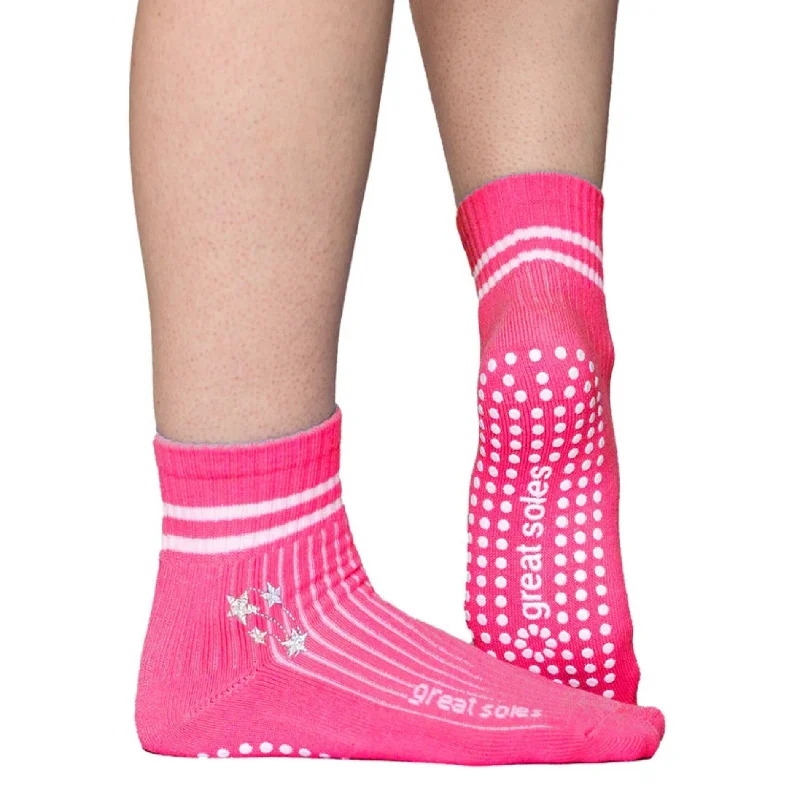 Greer Crew Grip Sock - Pink White Stars Embroidery - (Barre / Pilates)