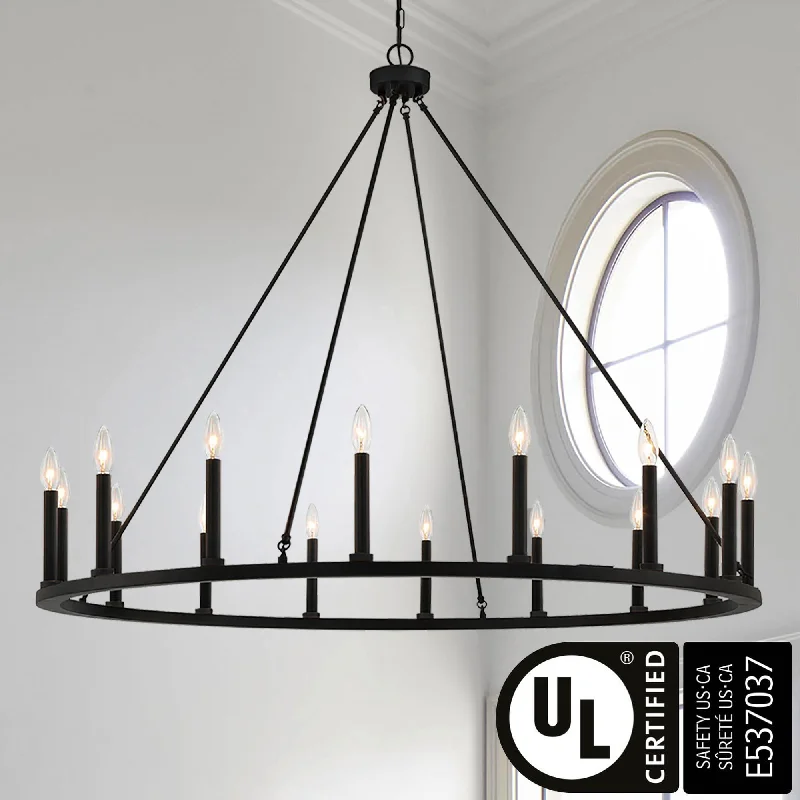 Chandeliers with Metal Frames in Black FinishChandeliers with Metal Frames in Black Finish47In Farmhouse 16-light Large Round Wagon Wheel Candle Chandelier - 47'' D X 140'' H