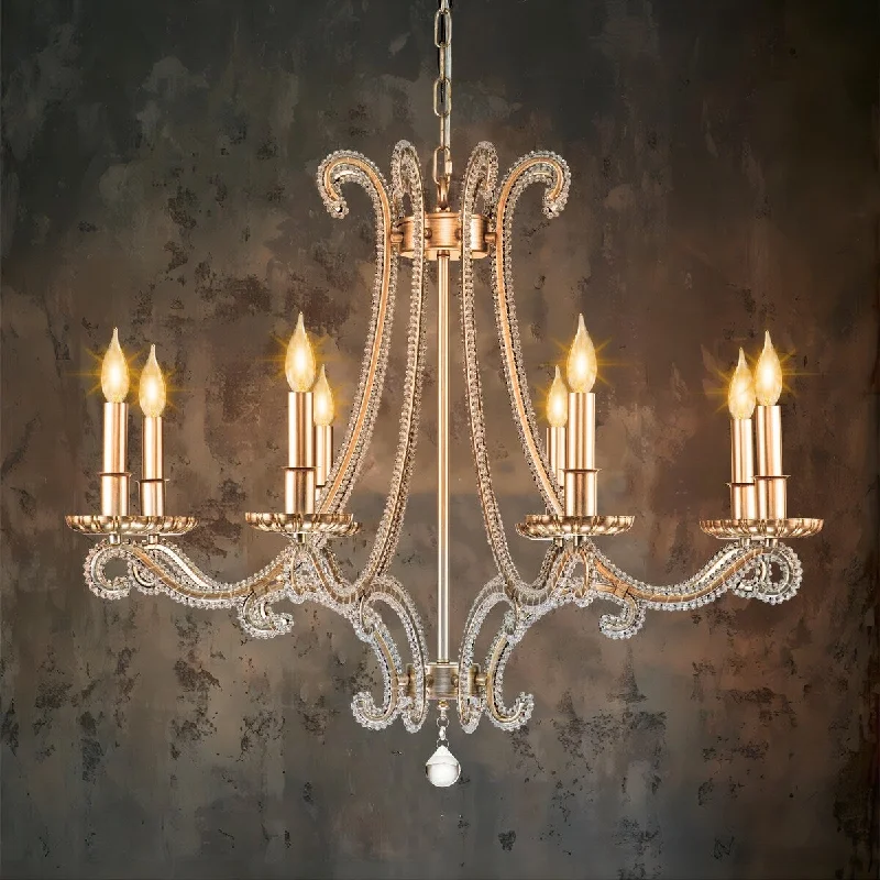 French Country Chandeliers with a Romantic AuraFrench Country Chandeliers with a Romantic Aura8-Light Mid-Century Modern Glam Traditional Retro Distressed Antique Brushed Silver Crystal Candle-Style Large Chandelier