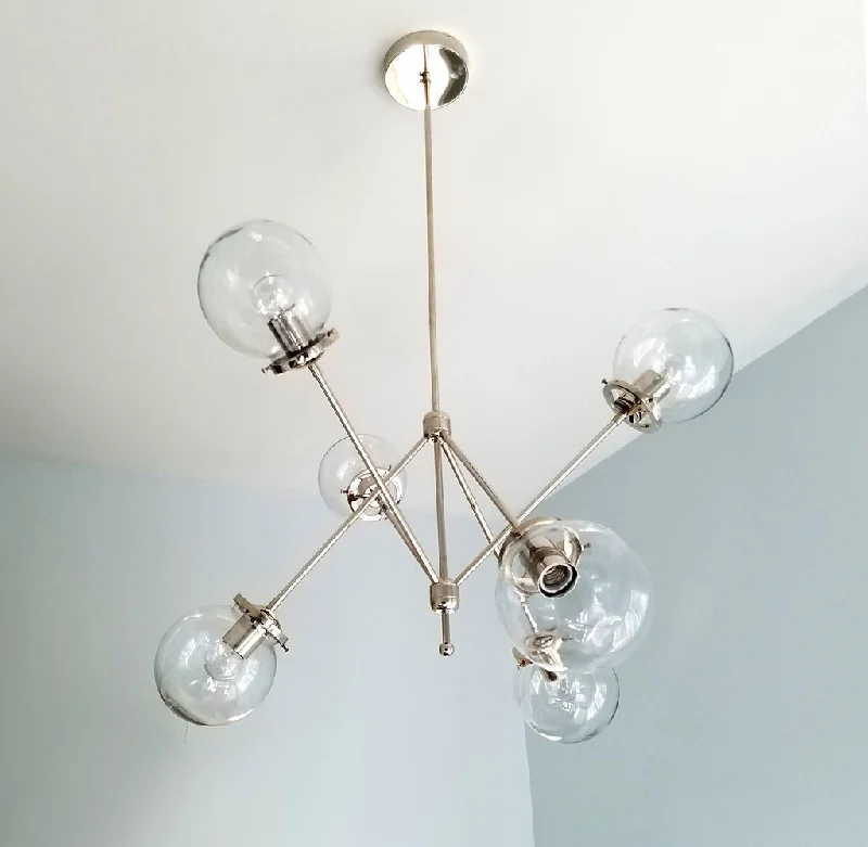 Chandeliers with Adjustable Height for Custom InstallationChandeliers with Adjustable Height for Custom InstallationModern 6 Clear Globes Brass Chandelier Fixture