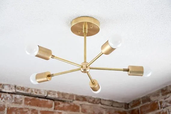 Chandeliers with Metal Frames in Bronze FinishChandeliers with Metal Frames in Bronze FinishModern Brass 5 Arm Pinwheel Chandelier Semi Flush Industrial Light